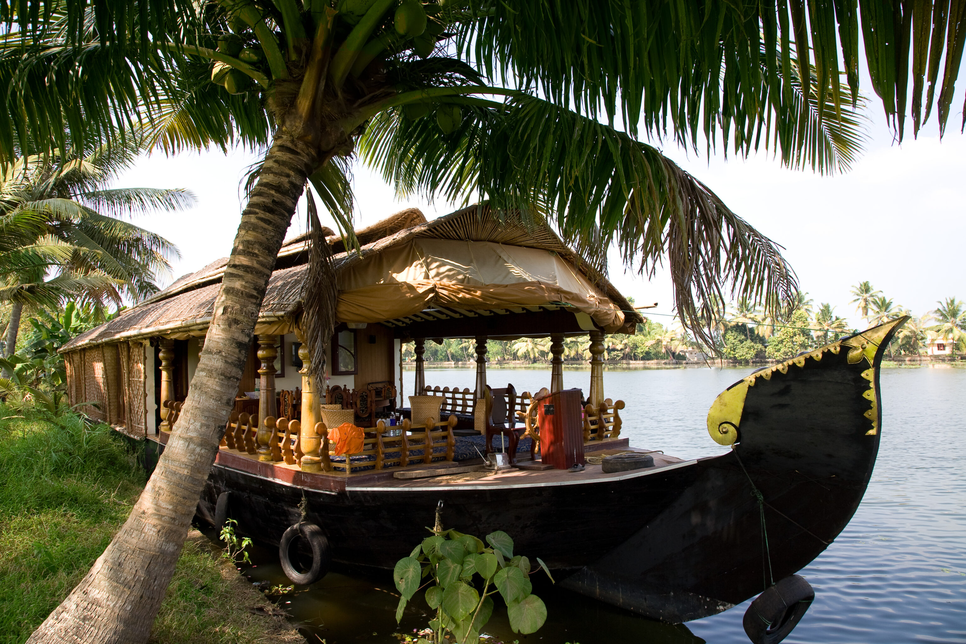 House,Boat,In,India,Over,Tropical,Palm,On,The,River