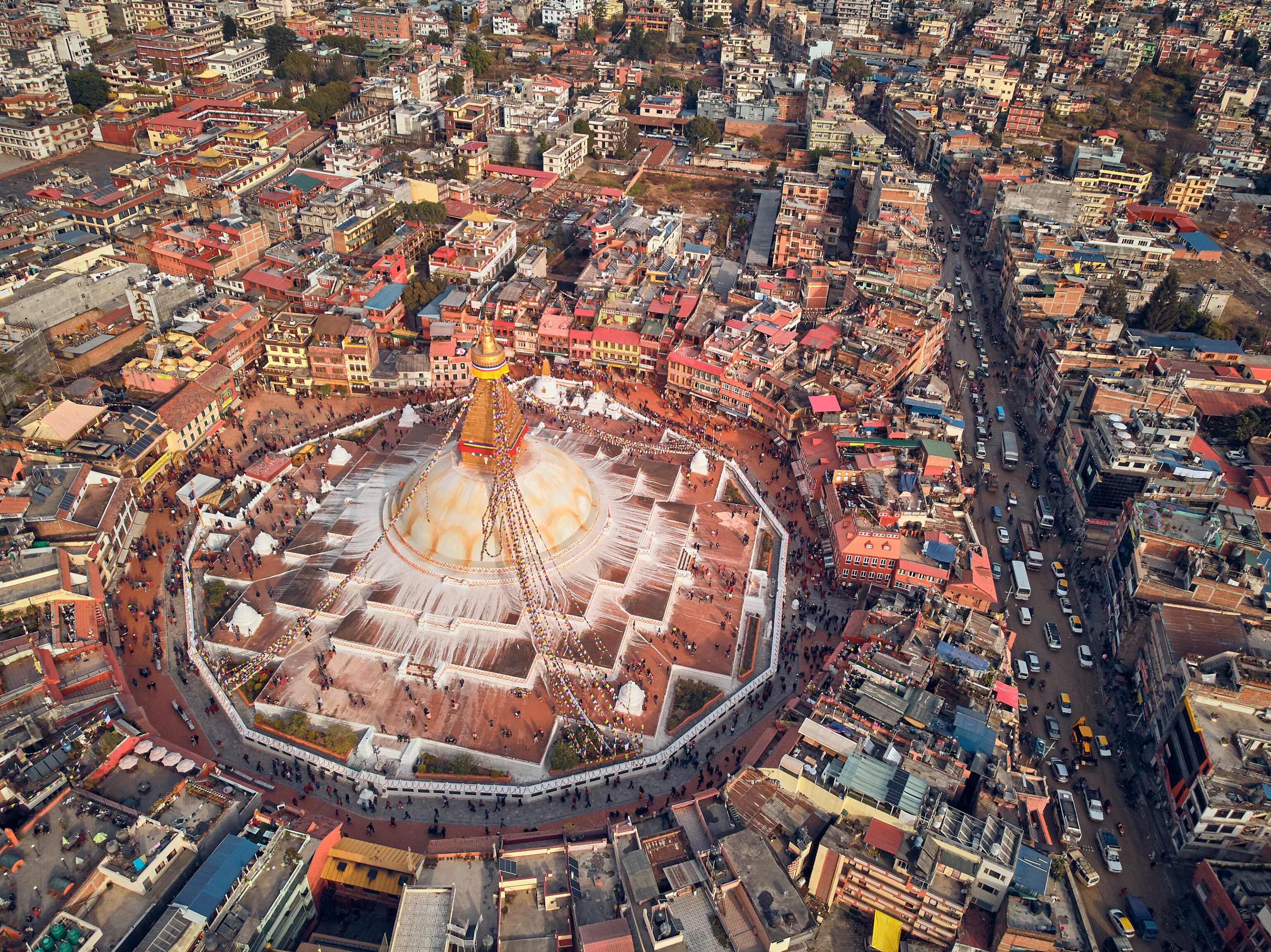 Aerial,View,On,Streets,Of,Kathmandu,And,A,Stupa,Of