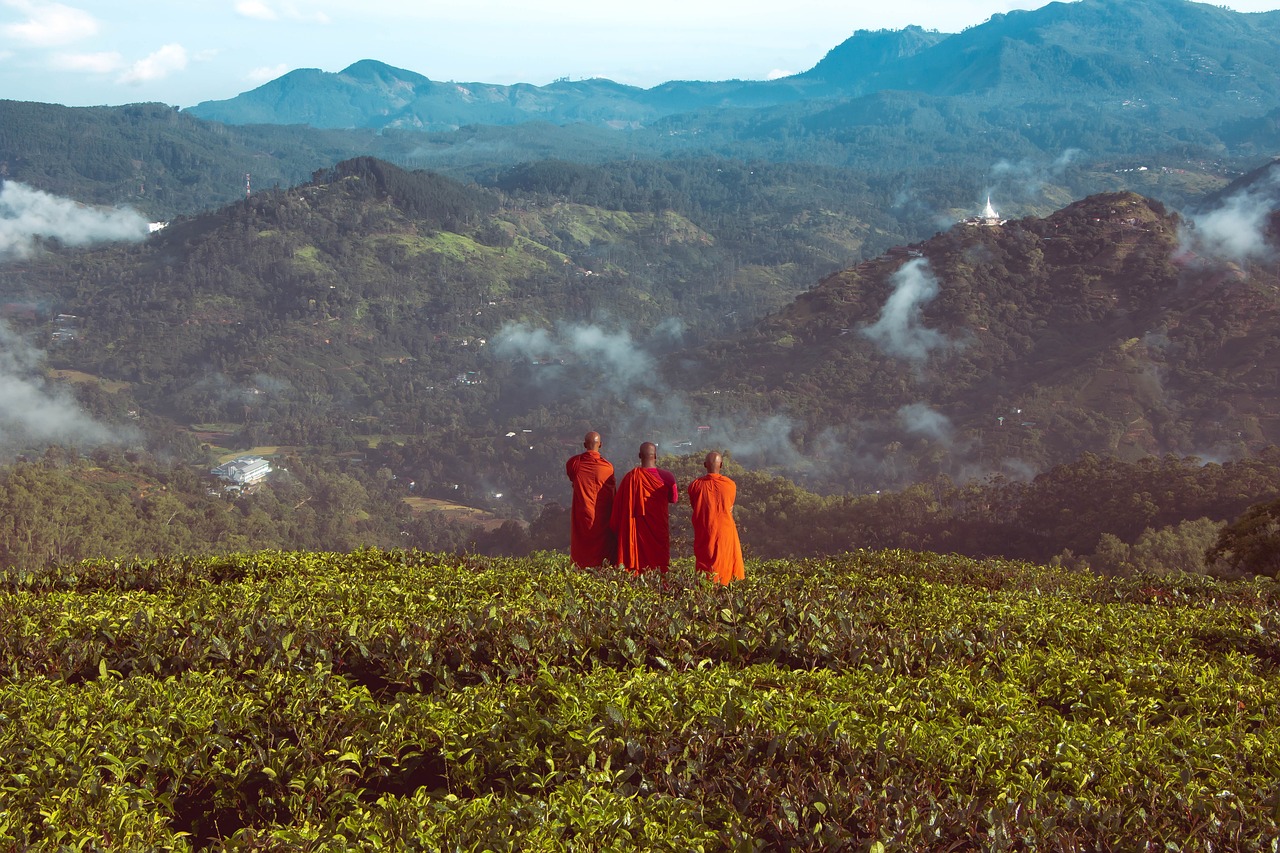 Monniken bij Pagode in Mihintale in Sri Lanka